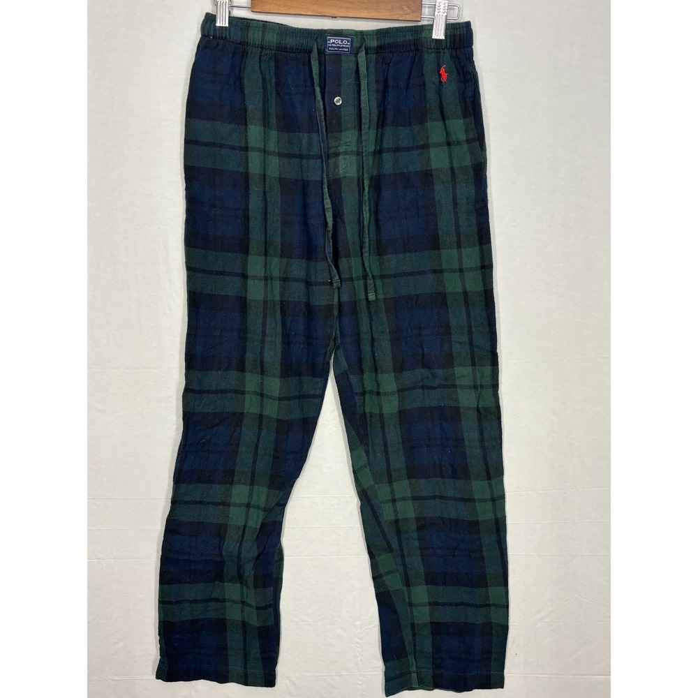 Polo‎ Ralph Lauren Pajama Pants Mens Green Blue Plaid Drawstring Waist Medium